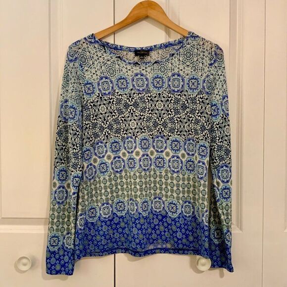 The Limited Blue Green Geometric Boho Print Long Sleeve Top Large - Picture 1 of 10